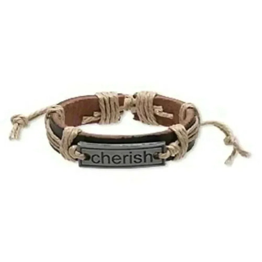 Brown Tan Cherish Affirmation Leather Silver Pewter Adjustable Bracelet